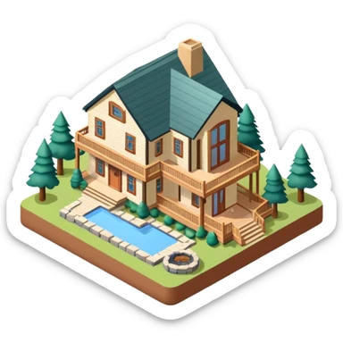 Catskills mountain lodge, isometric dollhouse-style, realistic sticker
