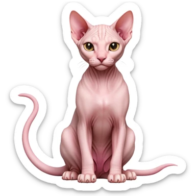 cinematic-[sphynx cat]-realistic-full-body-sitting-emoji,-tail-curled-playfully-around-its-paws,-head-tilted-dramatically,-sleek-[pink]-skin,-simplified-yet-realistic-focused-features,-highly-detailed,-glowing-with-an-almost-sarcastic-glow sticker