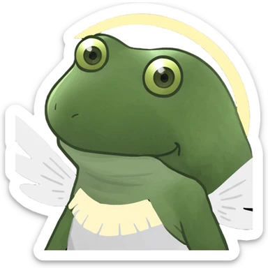 blonde angel girl with glowing white wings, gentle halo above her head, wearing flowing white dress, radiating purity and light, bufo frog meme emoji style sticker