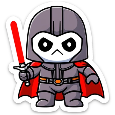 Oreo cookie wearing Sith lord helmet and cape with red lightsaber sticker
