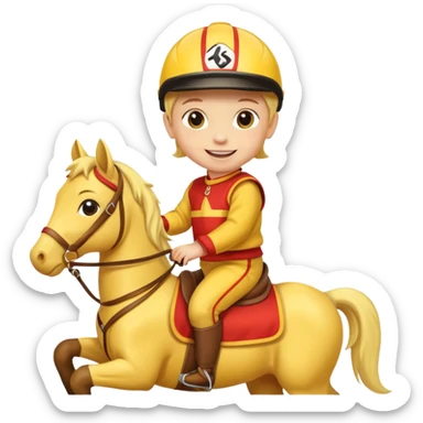 baby riding horse wearing racing cloth yellow sticker