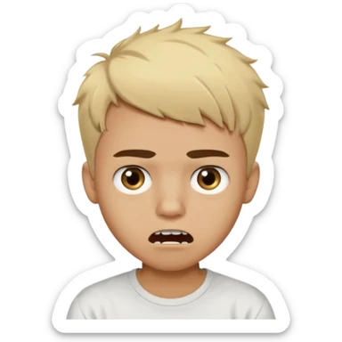 Short buzz, messy blonde hair. Dark brown bushy eyebrows large expressive golden-brown eyes, wearing a plain white t-shirt. Male Teenager. light Dark Brown skin color. Confused mouth gape showing teeth sticker