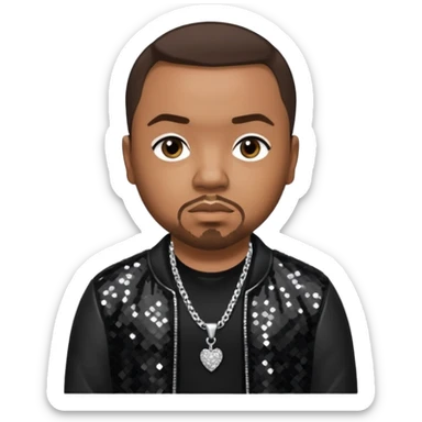 Timbaland with dark brown hair, black sequin jacket, black shirt with necklace sticker