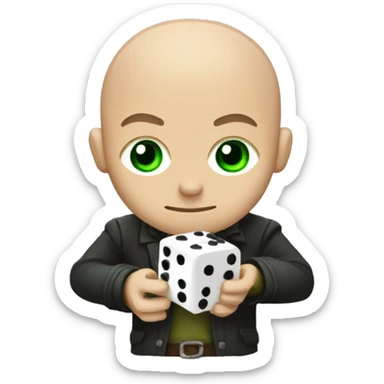 a guy with bald hair and green eyes with rpg dice in hands sticker