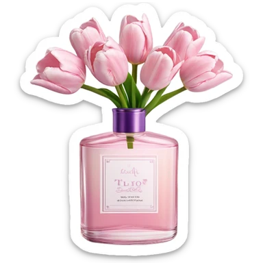 Aesthetic arrangement of pastel pink tulips and a retro violet perfume bottle.
 sticker
