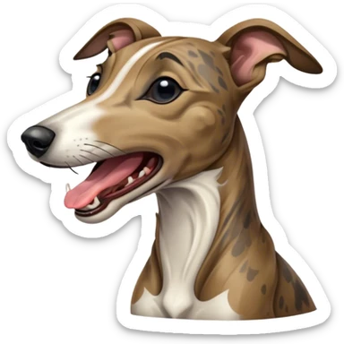 Cinematic Cute Yawning Brindle Greyhound Portrait Emoji, Head tilted slightly with a dramatic, wide-open yawn, showcasing a smooth brindle Fur with a refined pattern, floppy ears slightly drooping, round eyes barely open in drowsy contentment, Simplified yet irresistibly adorable features, highly detailed, glowing with a soft, cozy glow, high shine, relaxed yet expressive, stylized with a touch of whimsy, bright and endearing, soft glowing outline, capturing the essence of a sleepy yet affectionate racer, so drowsy it feels like it could stretch out of the screen and curl up for a nap! sticker