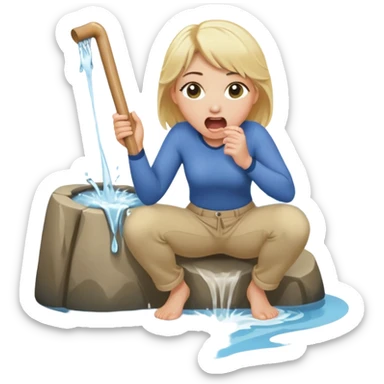 blond woman kneeling, surprised expression, a wide skin-colored stick with a D-shaped knob with skin texture coming out of a pair of pants hanging in front of her face, water stream squirting from the flat side of the knob into her open mouth sticker