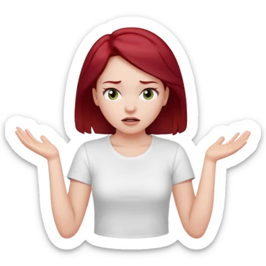 younger woman shrugging, eyes closed, white t-shirt, dark red hair sticker