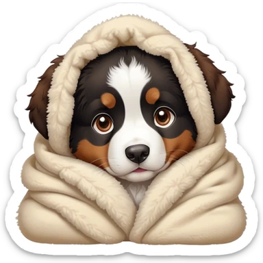 bernese mountain dog puppy cozy in a sherpa blanket, kawaii disney-style cute sticker