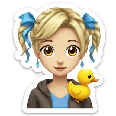 an anime girl with blue eyes, fishbone earrings, and a ducky hairclip sticker