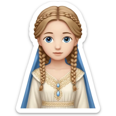 Joven de unos 30 años, de aspecto dulce, elegante.
Piel clara, ojos (pueden ser azules o verdes)
castaño claro largo, con trenzas.
Vestido largo de tonos suaves (blanco, azul o lavanda), con bordados dorados; un manto o toca fina cubriendo la cabeza. Que se vea todo el cuerpo de pies a cabeza sticker