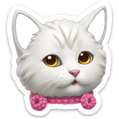 White cat with pink crochet in paws sticker