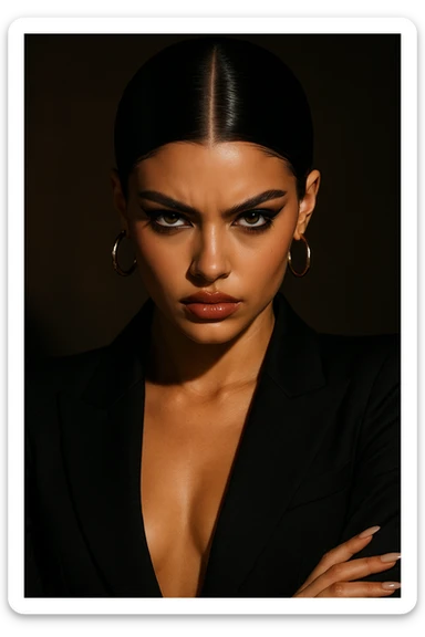 baddie with sleek dark hair, hazel eyes, small nose, glossy lips, fierce pose sticker