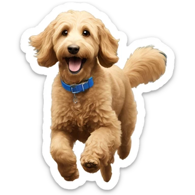 Goldendoodle with blue collar chasing a squirrel  sticker