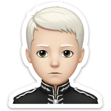 Head and shoulders emoji of a pale man with short white hair, wearing a black marching band jacket with silver trim. black eyeliner. Expression stoic, commanding, and theatrical, heroic emo style sticker