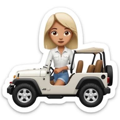 make the jeep white color, show a 45 degree angle and the girl giving a side look sticker