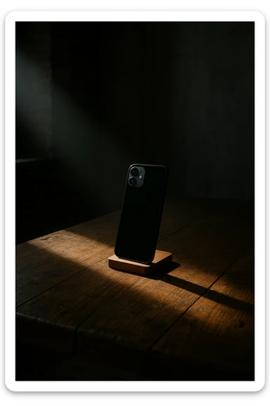 dark room in loft style, iphone lies on a wooden table on a stand, a beam of light shines directly on it and on the table sticker