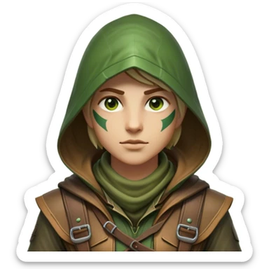 Clash of Clans aesthetic friendly Ranger Portrait Emoji, With a lean, agile build clad in earth-toned leather and green accents, a keen, focused gaze and a weathered hood shadowing determined eyes, his face rendered in a natural skin tone (not yellow), Simplified yet sharply defined features, highly detailed, glowing with a soft, natural woodland radiance, high shine, intelligent and resolute, stylized with an air of forest guardian authority, focused and alert, soft glowing outline, capturing the essence of a confident ranger ready to defend the wild with stealth and valor! sticker