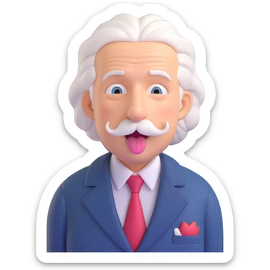 Einstein sticking his tongue out, 3D style, white hair, mustache, suit sticker