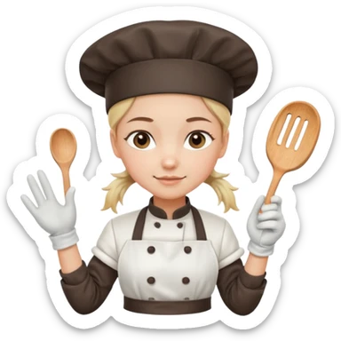 Young female pastry chef - single ponytail, apron, white chef's hat, wearing insulated gloves sticker