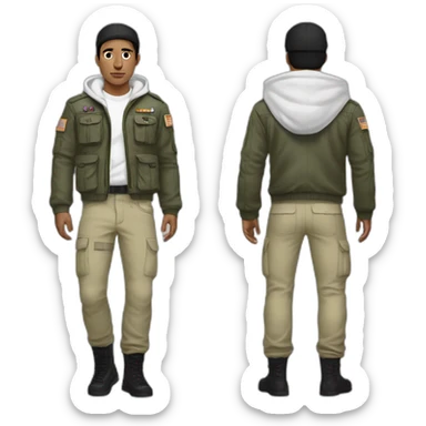 white guy black hair with militay print hat and white hoodie and pants sticker