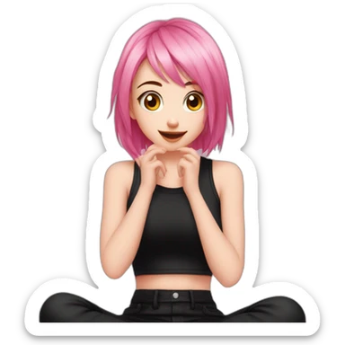 Full body Front view curvy emo girl pink hair sits on the floor straight view hands up black skirt полосатые рваные чулки sticker