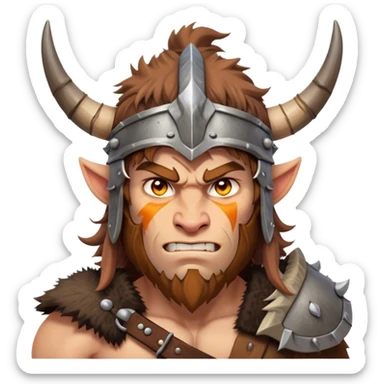Clash of Clans aesthetic: Cinematic Fierce Barbarian Portrait Emoji, Poised and bold with a rugged yet cartoonish build in tattered furs and a horned helmet, his face rendered in a natural skin tone (not yellow), expressive bright eyes and a confident smirk, Simplified yet dynamic features, highly detailed, glowing with a vivid, adventurous aura, high shine, heroic and spirited, stylized with an air of medieval warrior charm, focused and energetic, soft glowing outline, capturing the essence of a fearless barbarian adventurer ready to lead his clan with spirited valor! sticker