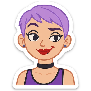 Make her raise her eyebrows and smirk, keeping the same style, pastel purple pixie hair, black choker, red lipstick, lip ring, and fashionista vibe. Transparent background. sticker
