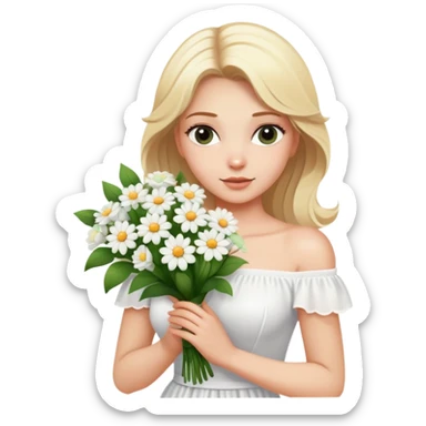 blonde woman in a white off-shoulder dress with a bouquet of white flowers sticker