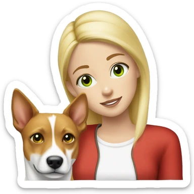 a white green eyed blonde girl and a red and white basenji dog sticker