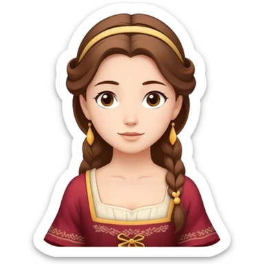 Cinematic Serene Belle Portrait Emoji, rendered in a simplified vector style. Depict a gentle Belle (chest and above) with fair, glowing skin, softly cascading brown hair, and a calm, inviting expression, dressed in her traditional village dress. The image exudes a soft, luminous glow and is outlined with a subtle, warm light. sticker