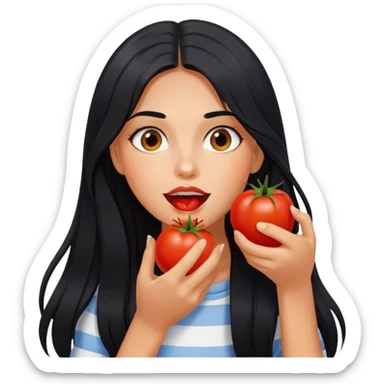 Pretty tanned girl with long black hair, eating tomatoes sticker