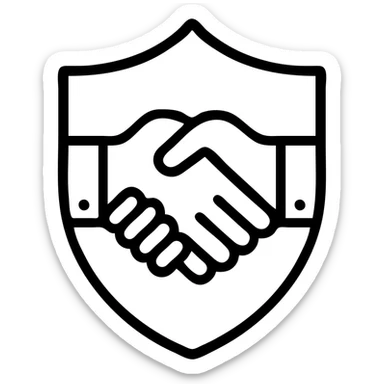 shield-shaped crest with two hands shaking, clean modern icon style sticker