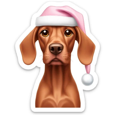A vizsla dog with a light pink Christmas hat sticker