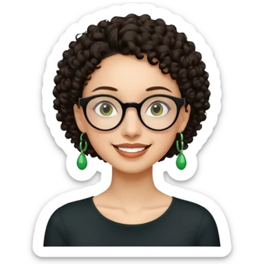 Slim, very slender woman with light skin, short dark curly hair, large brown eyes, black round glasses, big green earrings, thin arms and narrow shoulders, warm wide smile, friendly and intelligent expression. sticker