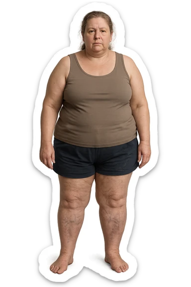 donna realistica leggermente in sovrappeso con vene visibili sulle gambe e gambe gonfie, iperrealistica 4k, IPERREALISTICA 4K sticker