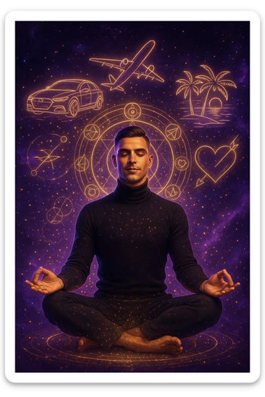 "Un uomo in meditazione fluttuante nello spazio cosmico, circondato da particelle dorate e simboli alchemici. Intorno a lui, oggetti e situazioni dei suoi desideri (auto, viaggi, amore) si materializzano come ologrammi luminosi. Stile cyber-mistico, colori viola e oro." sticker