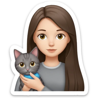 a white girl with brunette long straight hair holding a grey cat. sticker