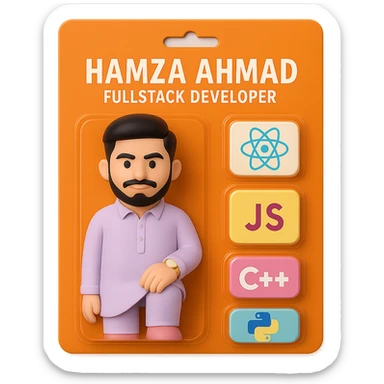 Refine the action figure toy to match the person in the new photo exactly: make the jawline sharp and defined, and adjust the hairstyle to match the photo. Keep the realistic vinyl figure style, strong orange card, and all previous details including blisters with React, JS, C++, Python logos, and the text 'Hamza Ahmad' and 'FullStack Developer'. Ensure the face and hair are accurate and not exaggerated. sticker