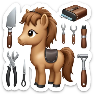 pony with grooming tools nearby sticker