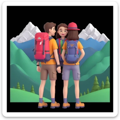 back packer couple posing, mountains in background,   close up pose sticker