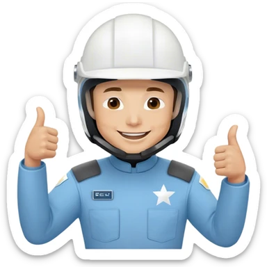 elon musk menggunkan helmet putih berseragam biru langit berlengan panjang dan tersenyum dan mengacungkan jempol sticker