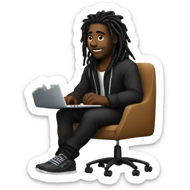Black-guy-with-dreads-wearing-black-trackstuit-sitting-down-on-chair facing-foward-focused-on-laptop-computer- sticker