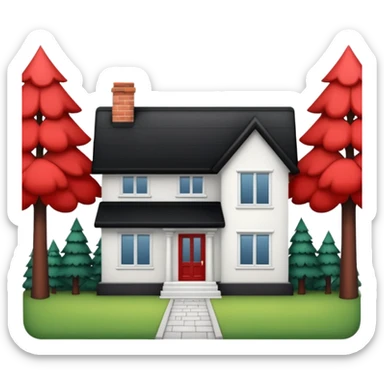Dom parterowy z czarnym dachem i biała elewacją ze wstawkami z czerwonej cegły.Na drugim planie las. sticker