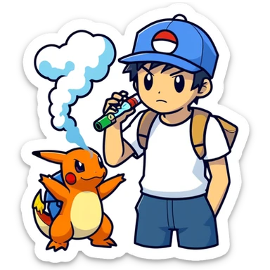 21 yo Handsome Ash Ketchum using a bong with charizard sticker