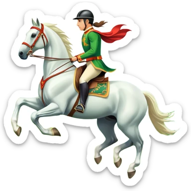 An icon showcasing a majestic horse and rider in full gallop across a lush green field. The background features a clear sky, distant mountains, and a vibrant landscape. The rider wears traditional gear, while the horse leaps with grace and power. Transparent background sticker