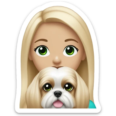 Girl with long blonde hair, and bright blue and green eyes and pink lipstick who is holding an all beige shih tzu dog  sticker