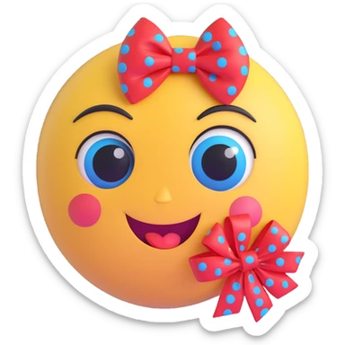 3D smiley emoji, large eyelashes, red polka dot bow, blowing a kiss, one eye closed, blue eyes, cute style sticker
