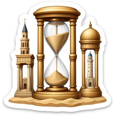icon featuring ancient scrolls, quill pen with famous historical landmarks and monuments in the background. Large, antique sand clocks with sand pouring out represent the passage of time. Historical figures are depicted as statues. Transparent background. sticker