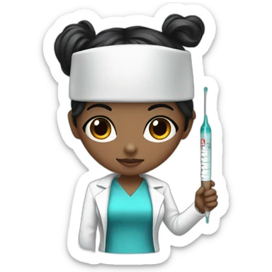 nurse black hair, black eyes, with a syringe sticker